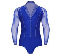 Jugaoge Justaucorps Danse Latine Samba Salsa Chacha Homme Léotard Combinaison Gymnastique Patinage en Maille Body Top Sexy Col V Bleu L