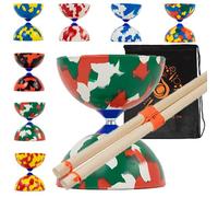 Juggle Dream Jester Ensemble de diabolo à partir de 14 ans avec bâtons en bois - Ensemble de diablo Pro Medium en caoutchouc avec bâtons en bois et sac de transport en cascade (rouge, blanc et vert)