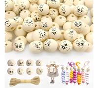Juguta 40 Pièces Perles en Bois avec Visage, Boules en Bois Naturel avec Visage Sourire, Perles Rondes en Bois pour DIY Bijoux Bracelet Collier, 5m Corde de Jute pour Macramé Décoration Créative