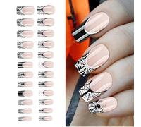 JUGUTA Kit Stickers Ongles Gel Noir Halloween - 24 Autocollants Semi-Durcis Motifs Effrayants - Décorations Manucure UV/LED - Tenue Longue et Application Facile