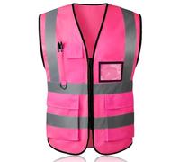 JUGUTA Rose Xl Gilet De Sécurité Avec Poches Et Fermeture Éclair, Net Gilet Haute Visibilité Veste Réfléchissante Pour Femmes Adultes, Hi Viz Gilet Avec Zippé