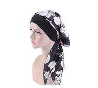 JUHONNZ Chimio Turban pour Femmes,Écharpe de Tête en Satin Casquette de Turban en Fausse Soie Couvre-tête Elastique Mousseline Bandana Casquette pour Femmes Cancer (Black-Flower)
