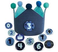 Juicy Bumbles Couronne Anniversaire en Tissu Chapeau Anniversaire Enfant Fille Garçon en Mousseline + 11 Badges 0 à 9 ans