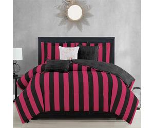 Juicy Couture Cabana Parure de lit réversible à Rayures - Grand lit/lit Double - Imprimé à Rayures Noires et Rose Vif - 6 pièces - Comprend 1 Couette de 229 x 229 cm, 3 oreillers décoratifs, 2 taies