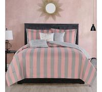 Juicy Couture Cabana Parure de lit réversible à Rayures - Lit Simple/jumeau XL - Imprimé à Rayures Roses et Grises - Comprend 1 Couette de 167,6 x 228,6 cm, 3 oreillers décoratifs, 1 taie d'oreiller