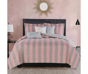 Juicy Couture Cabana Parure de lit réversible à Rayures - Très Grand lit - Imprimé à Rayures Roses et Grises - Comprend 1 Couette de 264,2 x 228,6 cm, 3 oreillers décoratifs et 2 taies d'oreiller