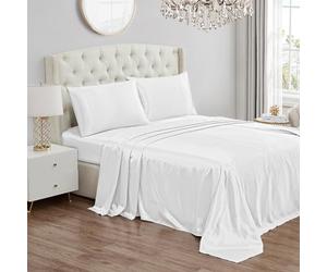Juicy Couture Parure de lit 4 pièces en Satin avec 1 Drap-Housse, 1 Drap Plat et 2 taies d'oreiller, Infroissable et Anti-Boulochage - Blanc Pur