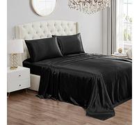 Juicy Couture Parure de lit en Satin de Soie à Poches Profondes avec 1 Drap-Housse, 1 Drap Plat et 2 taies d'oreiller, Infroissable et Anti-Boulochage - Noir