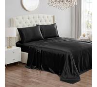 Juicy Couture Parure de lit en Satin de Soie avec Poche Profonde pour lit jumeau XL, avec 1 Drap-Housse, 1 Drap Plat, 1 taie d'oreiller, Infroissable et Anti-Boulochage - Noir