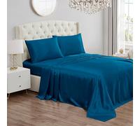 Juicy Couture Parure de lit en Satin de Soie avec Poche Profonde pour lit jumeau XL, avec 1 Drap-Housse, 1 Drap Plat, 1 taie d'oreiller, Infroissable et Anti-Boulochage - Bleu