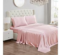 Juicy Couture, Parure de lit en Satin de Soie pour très Grand lit, Ensemble de draps en Satin Soyeux à Poche Profonde avec 1 Drap-Housse, 1 Drap Plat et 2 taies d'oreiller - Rose
