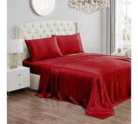 Juicy Couture Parure de lit en Satin | Draps de lit Lisses et Soyeux | Parure de lit 4 pièces Comprenant Un Drap-Housse, Un Drap Plat et 2 taies d'oreiller | Infroissable et Anti-Boulochage | Rouge