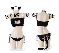 Juig Belle Neko Cosplay Costumes Mignon Lolita Chat Collier percé Soutien-Gorge Bref Ensemble sous-vêtements Sexy Lingerie Cloche Tour de Cou + Haut + Culotte + Queue
