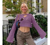 Juig Y2K évider recadrée Tricot Smock Haut Femmes Vintage lâche en détresse Crochet Pulls Hauts Courts fée Grunge Chandail Dissimulation
