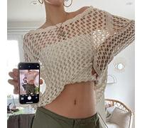 Juig Y2K évider recadrée Tricot Smock Haut Femmes Vintage lâche en détresse Crochet Pulls Hauts Courts fée Grunge Chandail Dissimulation