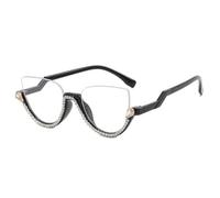 JUJNTNT Luxuriöse halbrandlose Cat-Eye-Brille mit Kristallen für Damen (schwarz)