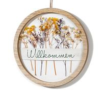 JUJOYBD Couronne de porte de fleurs séchées, plaque de bienvenue dans un cadre en bois, diamètre de 26 cm, couronne murale décorative 3D à suspendre pour porte d'entrée, mur et fenêtre, décoration