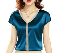 Juketron Mode Femme Chemises et Chemisiers en Soie Hauts Solide col en v Satin Manches Chauve-Souris pour Les Femmes élégant Bureau Dame Ample décontracté
