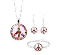 JUKOTA Accessoires Hippie Set,3 PCS Accessoires Vestimentaires Hippies des Années 60 et 70,Accessoire de Fleurs Hawaïennes,Collier Boucles d'Oreilles Bracelet de Paix,pour Halloween,Carnaval