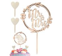 JUKOTA Décoration de Gâteau de Mariage en Bois 1 Mr and Mrs Cake Topper et 2 Cake Topper en Forme de Cœur Fête Anniversaire Mariage Fiançailles