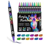 JUKOTA Feutre Acrylique à Double Pointe,12 Pièces 24 Couleurs,Marqueur Acrylique Multi-Usages Imperméable pour Diverses Surfaces,pour Pierres,Bois,Pierre,Toile,Céramique,Surfaces en Verre,Bricolage
