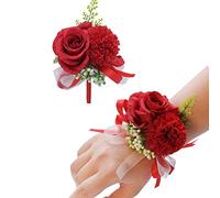 JULAN Lot de 2 boutonnières artificielles Faites à la Main avec épingles, Fleurs de mariée et marié pour Mariage, fête, Bal de Fin d'année, Rouge