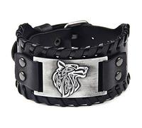 Juland Bracelet en Alliage de Corde tressée Punk Bracelet Manchette en Cuir véritable pour Homme Bracelet tête de Loup Bracelets Poignet Large en Cuir réglable