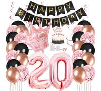 Juland Décorations de fête d'anniversaire 20 ans - Bannière « Happy Birthday » - Ballons en latex - Couronne rose - Ballon en aluminium à suspendre avec décoration de gâteau pour garçon, fille, homme