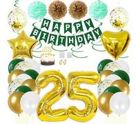 Juland Décorations de fête d'anniversaire 25 ans - Bannière « Happy Birthday » - Ballon en latex blanc - Ballon à confettis en forme de chiffre à 25 - Pompons en papier à suspendre avec décoration de