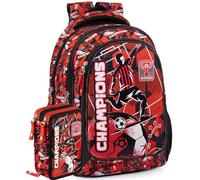 Julian Ross Champions Football Rouge-Noir Pack Scolaire Enfant Sac à dos Avec Trousse Rempli, CP, CE1, CE2, 33x15x43 cm, Ergonomique, 45 Accessoires pour l'École, Garçon