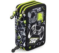 Julian Ross Trousse Scolaire Complète 45 Pièces - Kit Créatif Triple Compartiment avec Stylos Gel Effaçables, Crayons 4.0 mm, Feutres - Idée Cadeau Vert et Noir - Game on