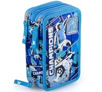 Julian Ross Trousse Scolaire Complète 45 Pièces - Kit Créatif Triple Compartiment avec Stylos Gel Effaçables, Crayons 4.0 mm, Feutres - Idée Cadeau Garçon Football Bleu