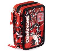 Julian Ross Trousse Scolaire Complète 45 Pièces - Kit Créatif Triple Compartiment avec Stylos Gel Effaçables, Crayons 4.0 mm, Feutres - Idée Cadeau Garçon Football Rouge-Noir