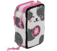 Julian Ross Trousse Scolaire Fille 3 Compartiments Garnie - 46 Pièces Kit Papeterie avec Stylos Effaçables, Feutres Giotto, Crayons - Trousse Chat Peluche (Fluffy) pour École Primaire