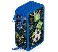 Julian Ross Trousse Scolaire Garçon 3 Compartiments Garnie - 46 Pièces Kit Papeterie avec Stylos Effaçables, Feutres Giotto - Motif Football Sport pour École Primaire (6-11 Ans)