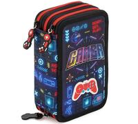 Julian Ross Trousse Scolaire Garçon 3 Compartiments Garnie - 46 Pièces Kit Papeterie avec Stylos Effaçables, Feutres Giotto, Crayons - Trousse Gamer Jeux Vidéo pour École Primaire