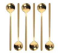 Juliyeh Lot de 6 cuillères à café rondes en acier inoxydable à long manche pour chocolat chaud, thé, latte, dessert, expresso doré