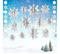 JULMELON Lot de 15 guirlandes de Flocons de Neige 3D à Suspendre, Flocons de Neige argentés pour décorations d'hiver au Pays des Merveilles