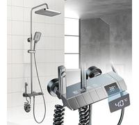Julymoda Colonne de douche avec mélangeur affichage numérique kit douche hydromassage avec pomme de douche 29 × 20 cm et douche 3 modes touches de piano 4 fonctions hauteur réglable (gris)