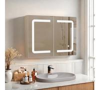 Julyue Armoire de salle de bain à LED avec prise et 3 températures de couleur, miroir HD anti-buée avec 2 étagères réglables et capteur tactile [Classe énergétique E] (MDF (E1) et verre trempé, 80 x
