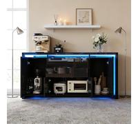Julyue Buffet LED Moderne, Meuble de Rangement Haut Brillant 4 Portes 2 Tiroirs, Éclairage 7 Couleurs, pour Salon/Salle à Manger/Entrée (Noir Brillant, 160x35x75 cm)