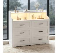 Julyue Commode Blanche 6 Tiroirs 110x40x99 cm, Coiffeuse Meuble de Rangement en Bois avec LED RGB, 2 Prises AC & 2 Ports USB, 3 Niches, Chambre, Anti-Basculement