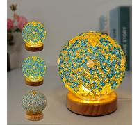 Julyue Lampe de Table Turque,Lampe Marocaine à intensité Variable avec Base en Bois,Boules de Mosaïque en Verre,Lampes de Chevet de Style Bohème,Veilleuse en Mosaïque Alimentée