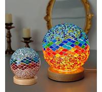 Julyue Lampe de Table Turque,Lampe Marocaine à intensité Variable avec Base en Bois,Boules de Mosaïque en Verre,Lampes de Chevet de Style Bohème,Veilleuse en Mosaïque Alimentée (Bleu