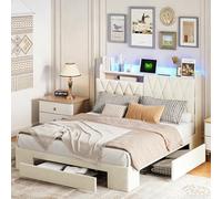 Julyue Lit 140x190 avec LED RGB et Charge USB, Cadre de Lit avec 3 Tiroirs et Tête de Lit Rangement, Sombre Lit Matelassé en Velours Beige, Sommier à Lattes Inclus