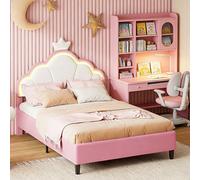 Julyue Lit enfant avec tête de lit en forme de nuage et couronne, lit à baldaquin avec lumières LED intelligentes, hauteur réglable à 2 niveaux, revêtement en peluche (rose et blanc, 140 x 200 cm)