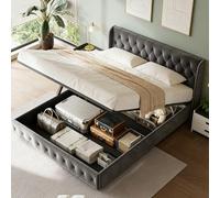 Julyue Lit hydraulique, 160 x 200 cm, avec espace de rangement, rembourré, avec tête de lit Capitonné, en velours gris, avec sommier à lattes en bois massif, lit à sommier tapissier moderne, velours