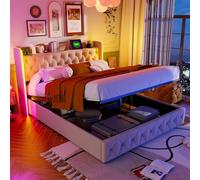 Julyue Lit hydraulique avec LED, 160 x 200 cm, rembourré, à sommier tapissier, en tissu, avec espace de rangement, tête de lit, cadre de lit avec station de charge USB et grand espace de rangement