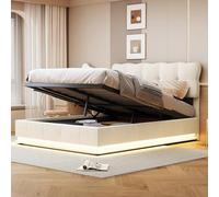 Julyue Lit Rembourré, 140 x 200 cm, avec éclairage LED, Espace de Rangement Hydraulique, Lit Double, avec Sommier à Lattes et Tête de Lit, Fonctionnel, pour Adultes, Tissu en Velours, Beige