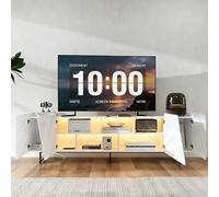 Julyue Meuble TV moderne, 220 cm, blanc, avec éclairage LED et portes inclinées, 2 portes et compartiment ouvert, base multimédia stable avec pieds en métal